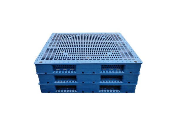 Three 1200x1000 Six Runner Open Deck Rackable Stackable Plastic Pallet F1210WTA Stacked Together