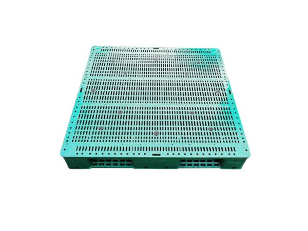 1100x1100 Six Runner Open Deck Rackable Stackable Green Plastic Pallet F1111WTCG Grid Surface